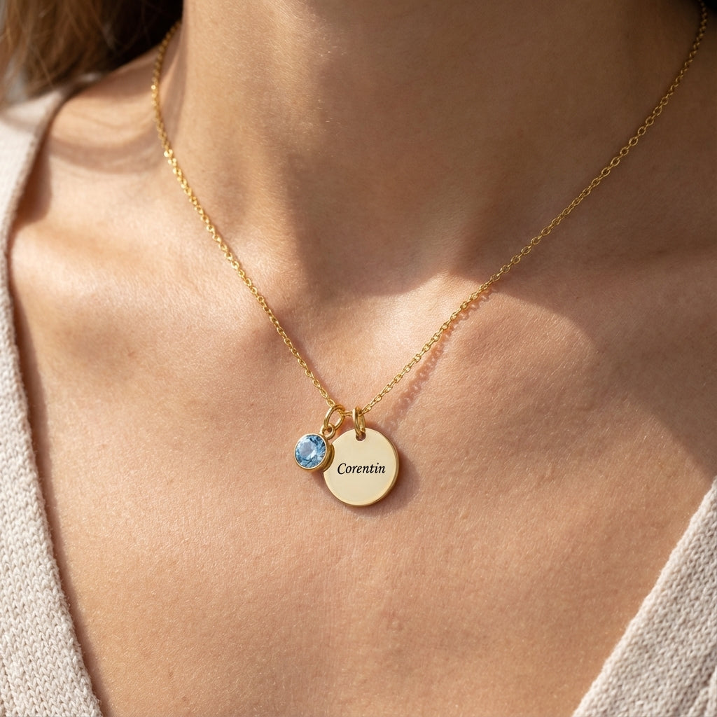Graveret Halskæde "Birthstone Disc"