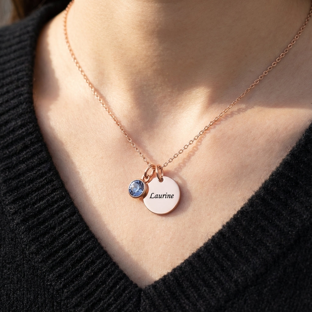 Graveret Halskæde "Birthstone Disc"