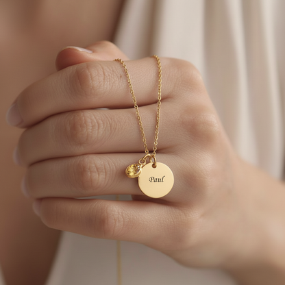 Graveret Halskæde "Birthstone Disc"